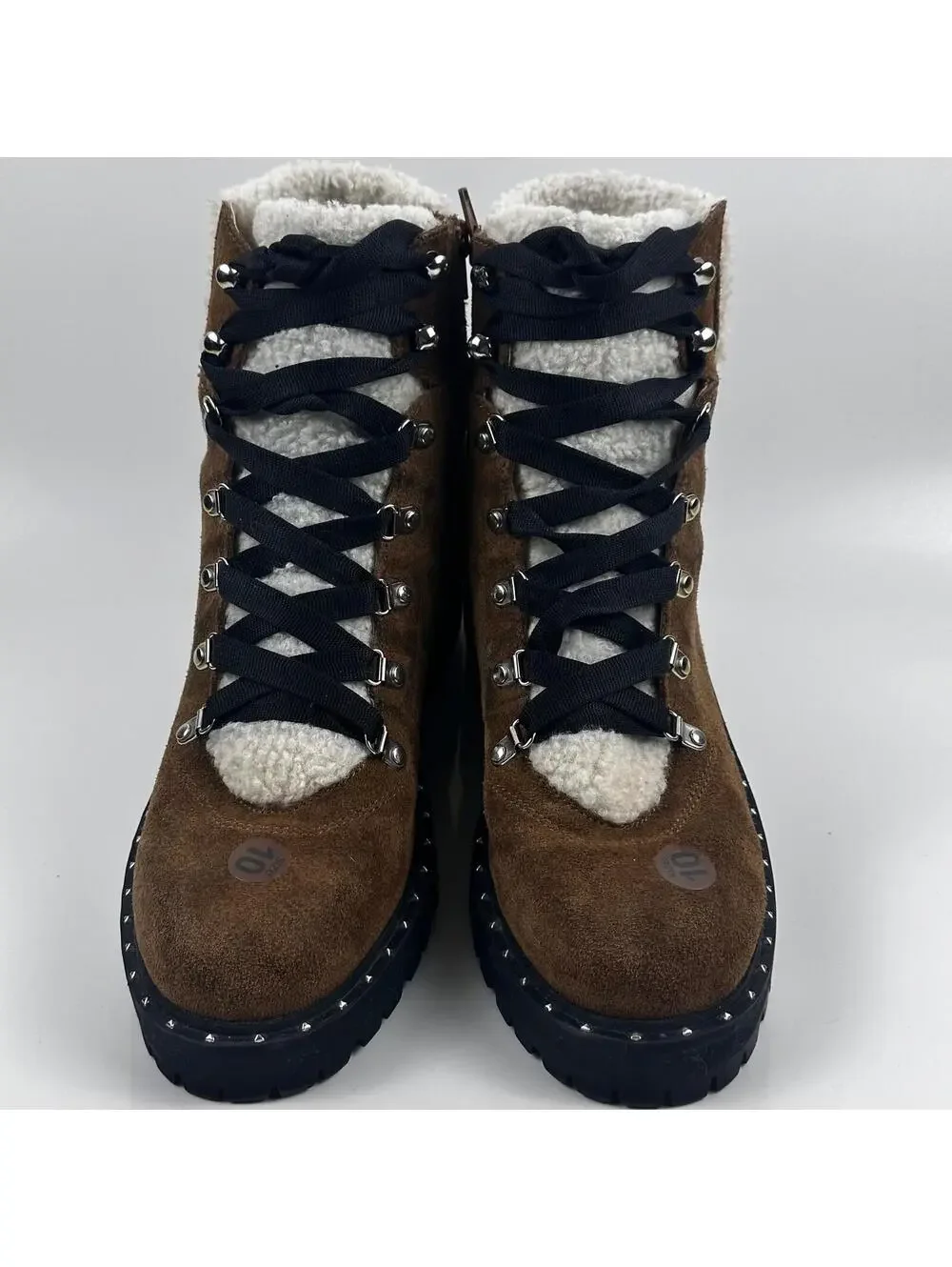 Steve Madden Receptive Hiking Boots Womens 10 BrownSuede Faux Fur Lug Sole Studs